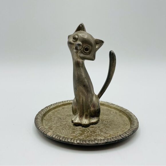 Vintage Retro MCM Silver Plate Cat Jewelry Ring Tray - Picture 1 of 3